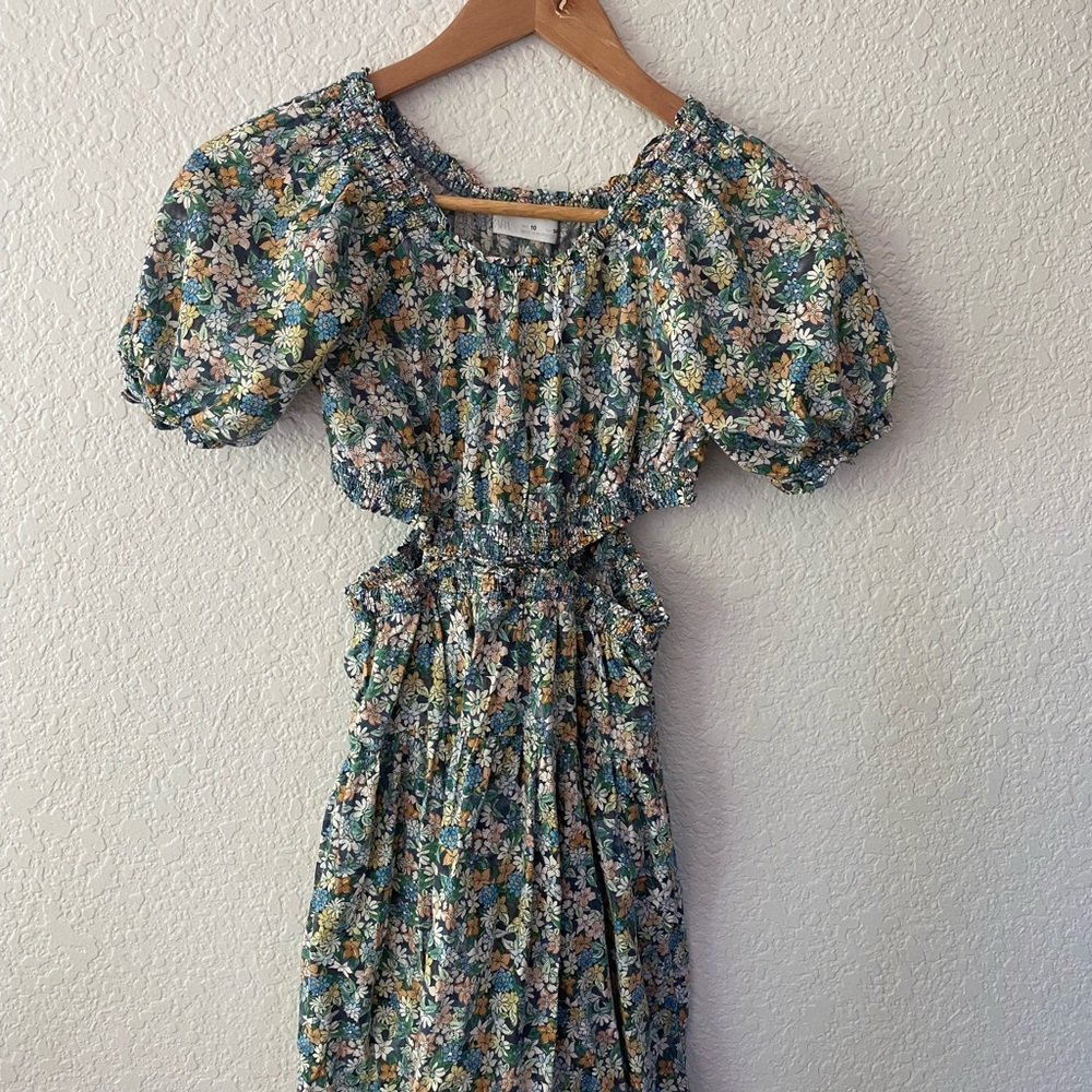 Zara Girls Floral Multicolor Puff Sleeve Smocked Sundress with side cut outs